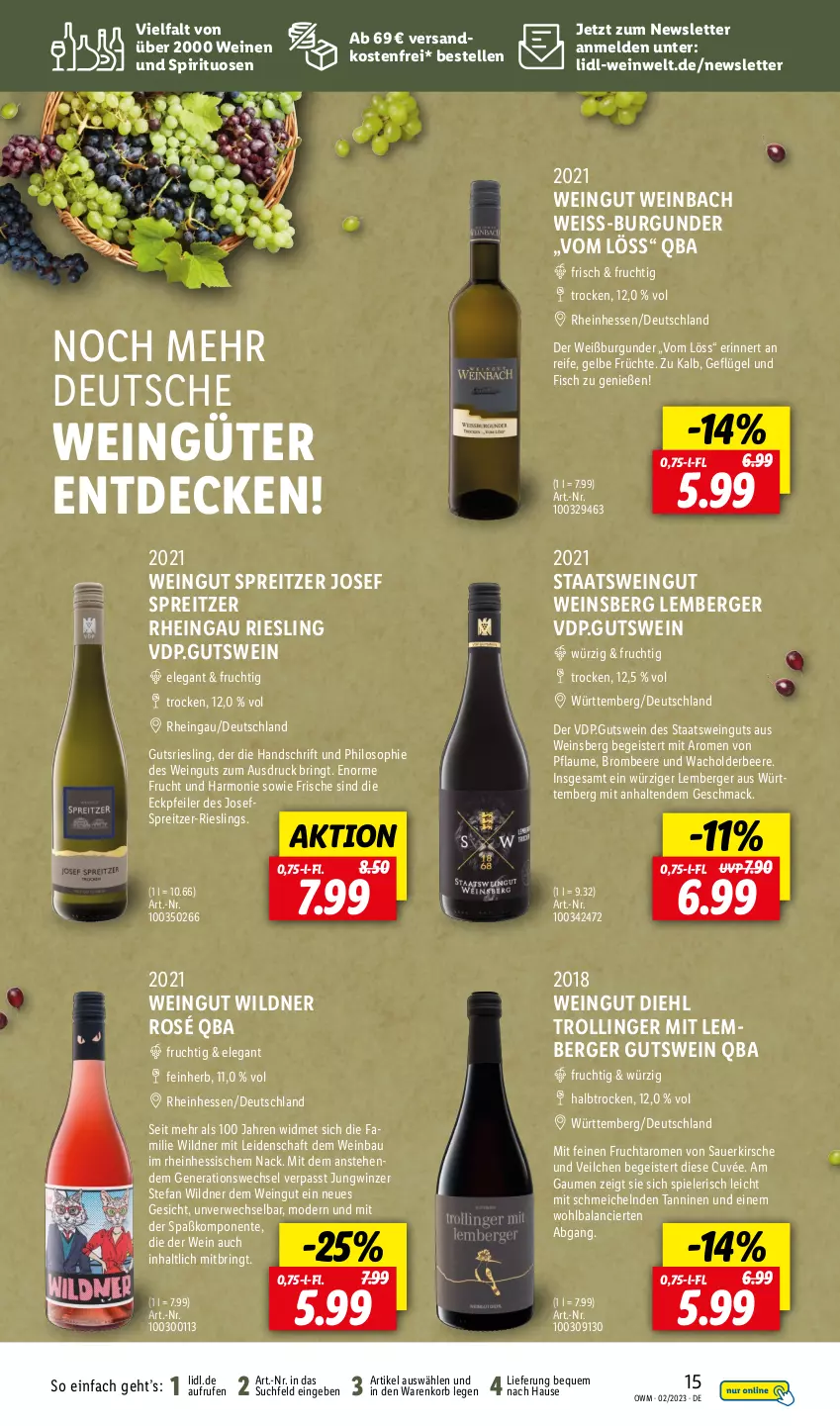 Aktueller Prospekt Lidl - Beste Weine für jeden Anlass - von 01.02 bis 28.02.2023 - strona 15 - produkty: auer, Bau, beere, Berger, brombeere, burgunder, cuvée, decke, eis, elle, ente, fisch, frucht, früchte, Geflügel, kirsch, kirsche, korb, mac, Mode, ndk, pflaume, riesling, ring, rwe, Spiele, spirituosen, Ti, trolli, trollinger, versandkostenfrei, wein, weine, Weißburgunder, Wild