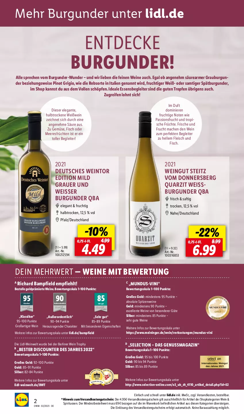 Aktueller Prospekt Lidl - Beste Weine für jeden Anlass - von 01.02 bis 28.02.2023 - strona 2 - produkty: auer, auto, berliner, burgunder, decke, discount, eis, elle, ente, fisch, fleisch, frucht, früchte, früchten, grauburgunder, gsw, gutschein, HP, korb, LG, mac, magazin, meeresfrüchte, ndk, nuss, passionsfrucht, Pinot, pinot grigio, reifen, rwe, saft, spätburgunder, spirituosen, Ti, tisch, wein, weine, Weißwein