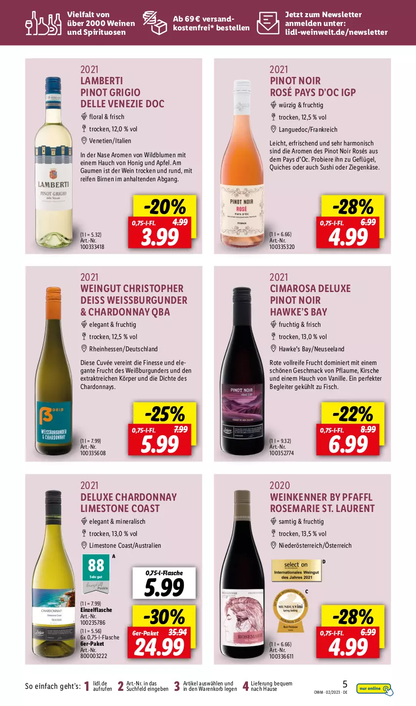 Aktueller Prospekt Lidl - Beste Weine für jeden Anlass - von 01.02 bis 28.02.2023 - strona 5 - produkty: Amber, apfel, aust, bier, Biere, Birnen, blume, blumen, burgunder, chardonnay, cuvée, dell, eis, Elan, elle, finesse, fisch, flasche, frucht, Geflügel, honig, Käse, kirsch, kirsche, korb, mac, ndk, pflaume, Pinot, pinot grigio, pinot noir, Quiche, reifen, spirituosen, Sushi, Ti, vanille, versandkostenfrei, wein, weine, Weißburgunder, Wild, ziegenkäse