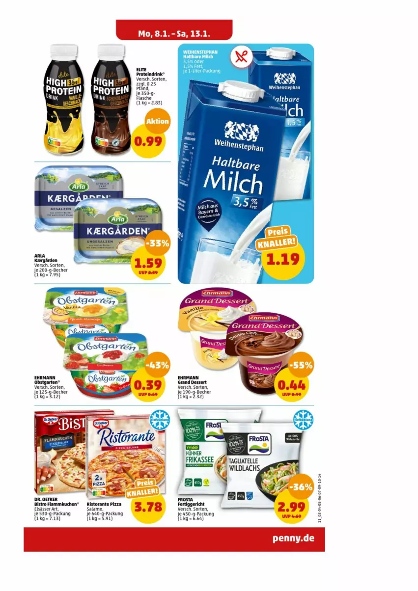 Aktueller Prospekt Penny - Prospekte - von 08.01 bis 13.01.2024 - strona 11 - produkty: Becher, drink, elsässer art, fertiggericht, flammkuchen, Garten, haltbare milch, kuchen, lamm, milch, obst, pizza, Proteindrink, ristorante, ristorante pizza, Ti, weihenstephan