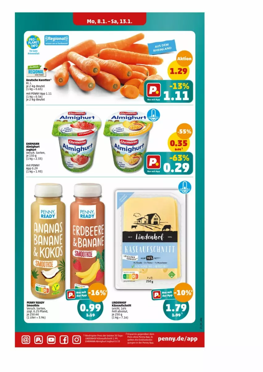 Aktueller Prospekt Penny - Prospekte - von 08.01 bis 13.01.2024 - strona 19 - produkty: almighur, almighurt, aufschnitt, beutel, ehrmann, ehrmann almighurt, joghur, joghurt, karotten, Käse, smoothie, Ti