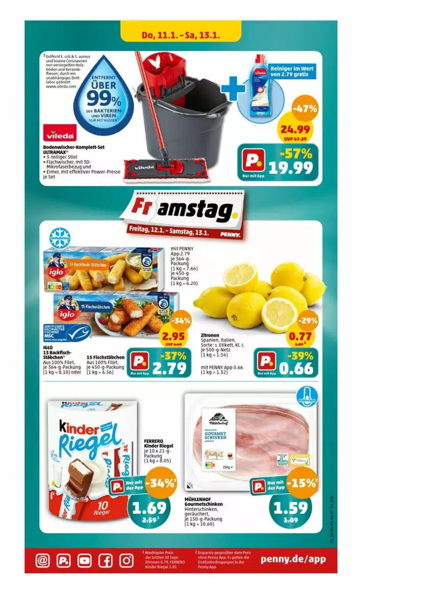 Aktueller Prospekt Penny - Prospekte - von 08.01 bis 13.01.2024 - strona 21 - produkty: bodenwischer, corona, eimer, filet, fisch, fischstäbchen, hinterschinken, mikrofaser, rama, reiniger, rum, schinken, Ti, zitrone, zitronen