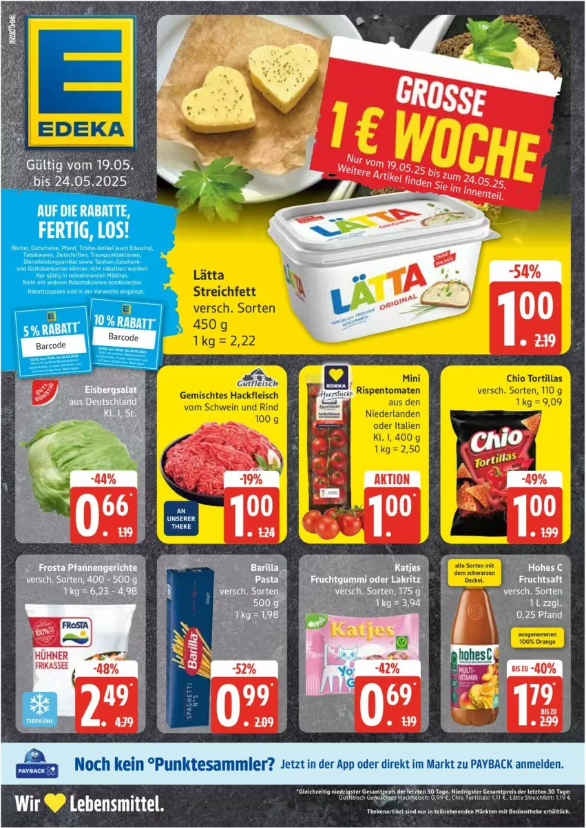 Aktueller Prospekt Edeka - Prospekte - von 19.05 bis 24.05.2025 - strona 1 - produkty: barilla, eis, fleisch, gutfleisch, hackfleisch, hühner, lätta, pril, Ti, tortilla, tortillas