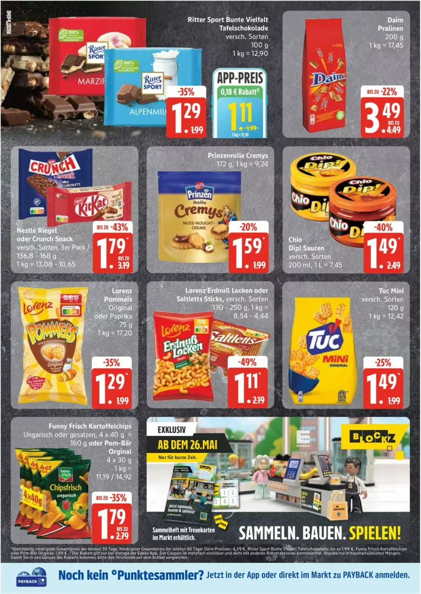Aktueller Prospekt Edeka - Prospekte - von 19.05 bis 24.05.2025 - strona 16 - produkty: chips, coupon, daim, deka, eis, Funny Frisch, gin, kartoffel, kartoffelchips, payback, pralinen, reis, ritter, ritter sport, schoko, schokolade, Sport, tafelschokolade, tesa, Ti, ZTE