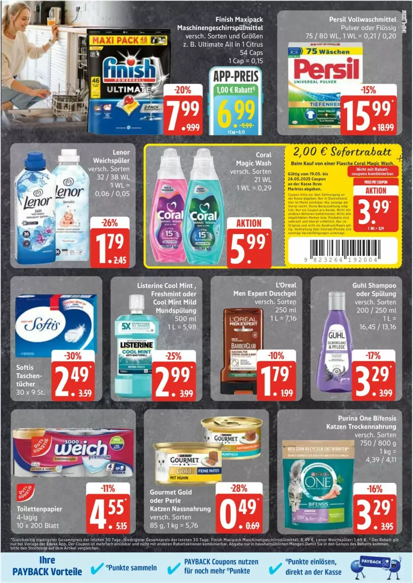 Aktueller Prospekt Edeka - Prospekte - von 19.05 bis 24.05.2025 - strona 17 - produkty: Cap, citrus, coupon, coupons, deka, duschgel, Finish, geschirr, geschirrspülmittel, Guhl, lenor, listerine, mint, Nassnahrung, payback, persil, purina, shampoo, spülmittel, Tasche, taschen, tee, Ti, Trockennahrung, tücher, vollwaschmittel, waschmittel