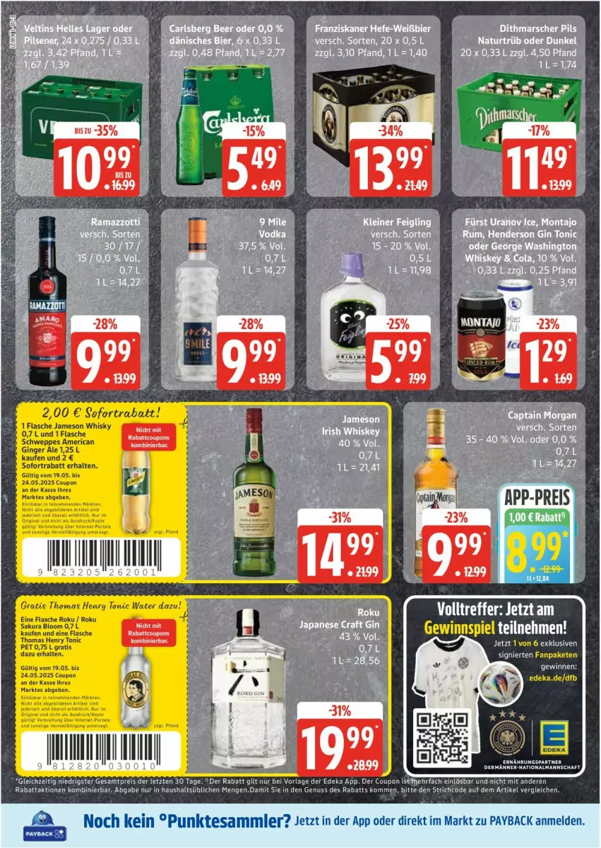 Aktueller Prospekt Edeka - Prospekte - von 19.05 bis 24.05.2025 - strona 18 - produkty: coupon, deka, eis, flasche, gin, ginger, ginger ale, jameson, nuss, payback, reis, schweppes, sofortrabatt, tesa, thomas henry, Ti, tonic, whisky, ZTE