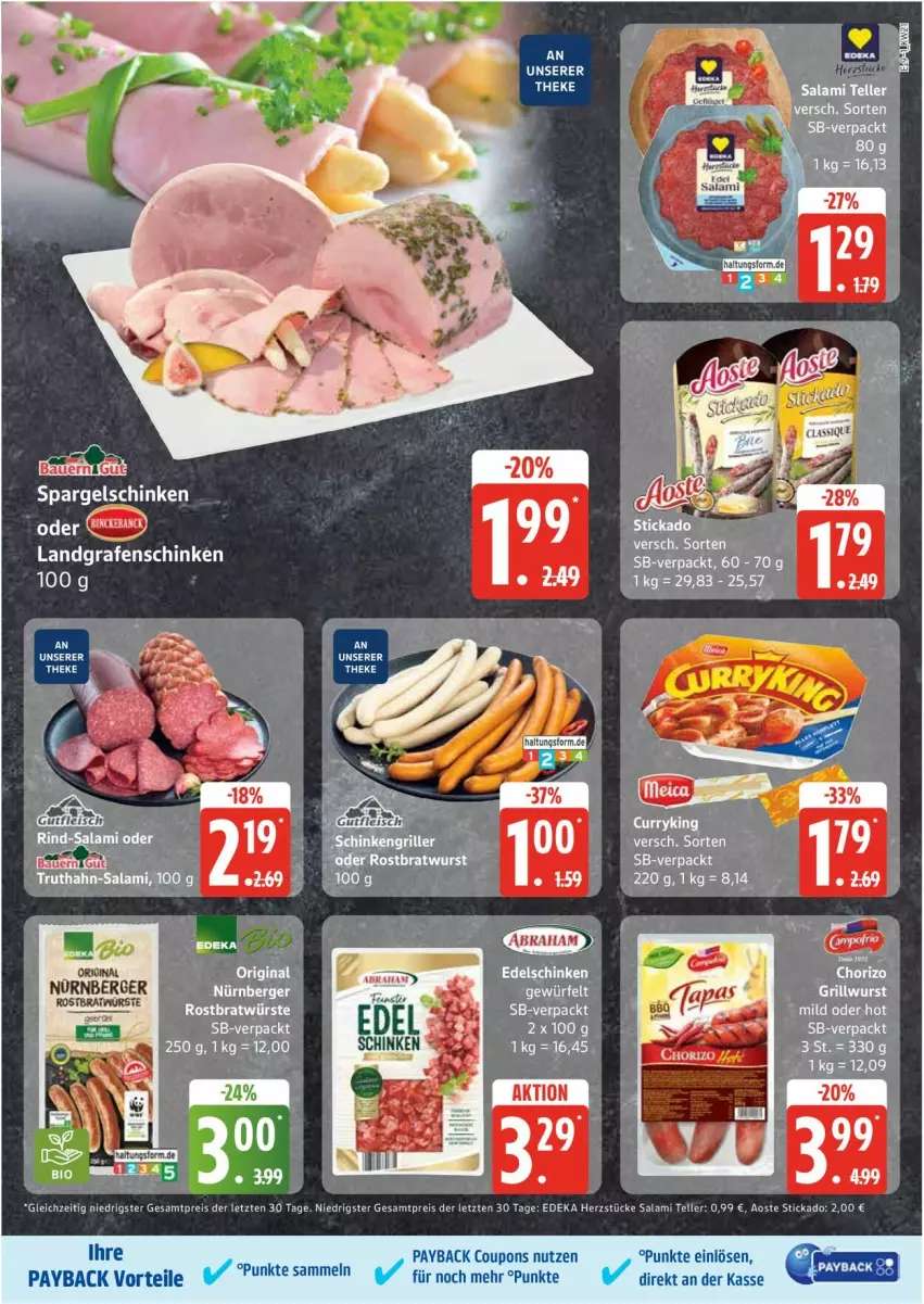 Aktueller Prospekt Edeka - Prospekte - von 19.05 bis 24.05.2025 - strona 9 - produkty: aoste stickado, auer, Bau, Bauer, Berger, coupon, coupons, deka, eis, elle, gin, nürnberger, payback, reis, salami, schinken, spargel, spargelschinken, stickado, teller, Ti, ZTE
