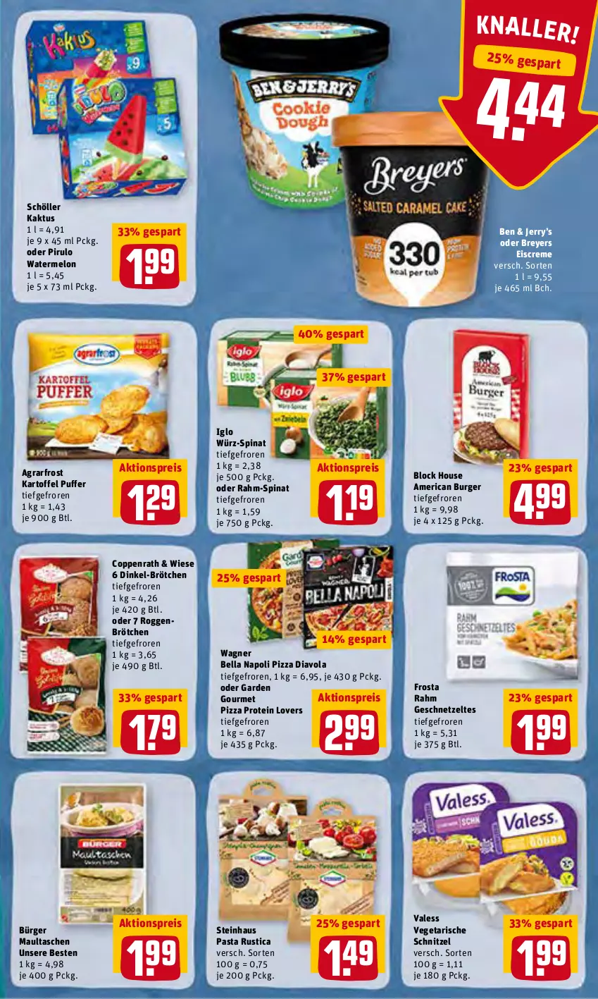 Aktueller Prospekt Rewe - Prospekte - von 07.02 bis 13.02.2022 - strona 11 - produkty: agrarfrost, aktionspreis, brötchen, burger, coppenrath, creme, eis, eiscreme, frosta, geschnetzeltes, iglo, kartoffel, maultaschen, pasta, pizza, rahm-spinat, reis, roggenbrötchen, schnitzel, Schöller, spinat, steinhaus, Tasche, taschen, Ti, Vegeta, wagner, Zelt