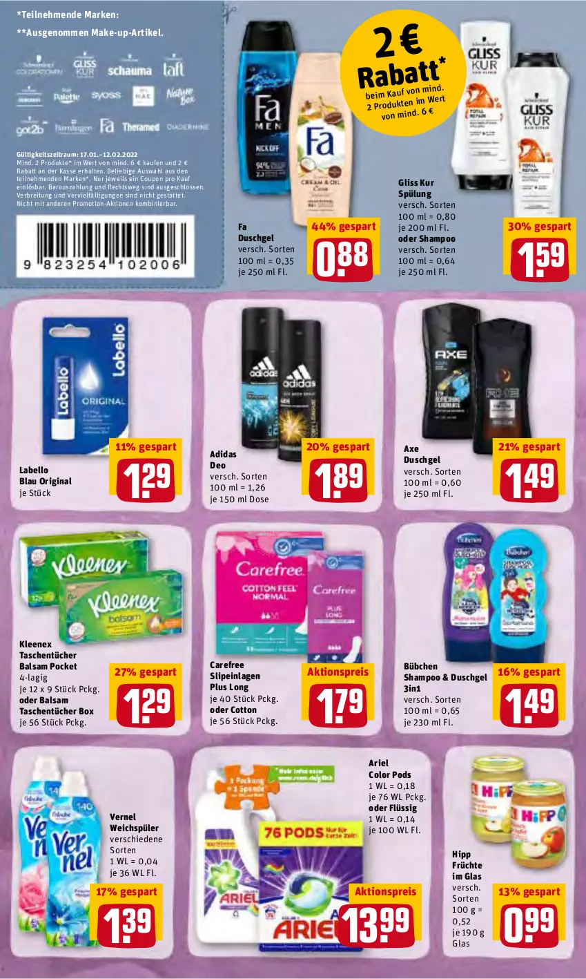 Aktueller Prospekt Rewe - Prospekte - von 07.02 bis 13.02.2022 - strona 16 - produkty: Adidas, aktionspreis, ariel, axe, axe duschgel, balsam, Brei, bübchen, carefree, coupon, deo, duschgel, eis, fa duschgel, früchte, gin, gliss, gliss kur, hipp, Labello, Make-up, Pods, reis, shampoo, slip, slipeinlagen, spülung, Tasche, taschen, taschentücher, Ti, tücher, vernel, weichspüler