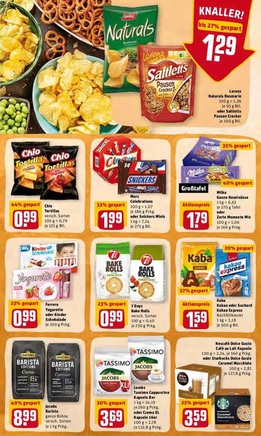 Aktueller Prospekt Rewe - Prospekte - von 07.02 bis 13.02.2022 - strona 23 - produkty: ACC, aktionspreis, beutel, bohne, café au lait, Cap, cappuccino, caramel, chia, cin, cracker, dolce gusto, eis, ente, ferrero, ganze haselnüsse, jacobs, jacobs tassimo, kakao, Kinder, kinder schokolade, lorenz, mac, macchiato, mars, milka, natur, natura, Nescafé, reis, rosmarin, saltletts, schoko, schokolade, sim, snickers, starbucks, tassimo, Ti, tortilla, tortillas, Yo, yogurette