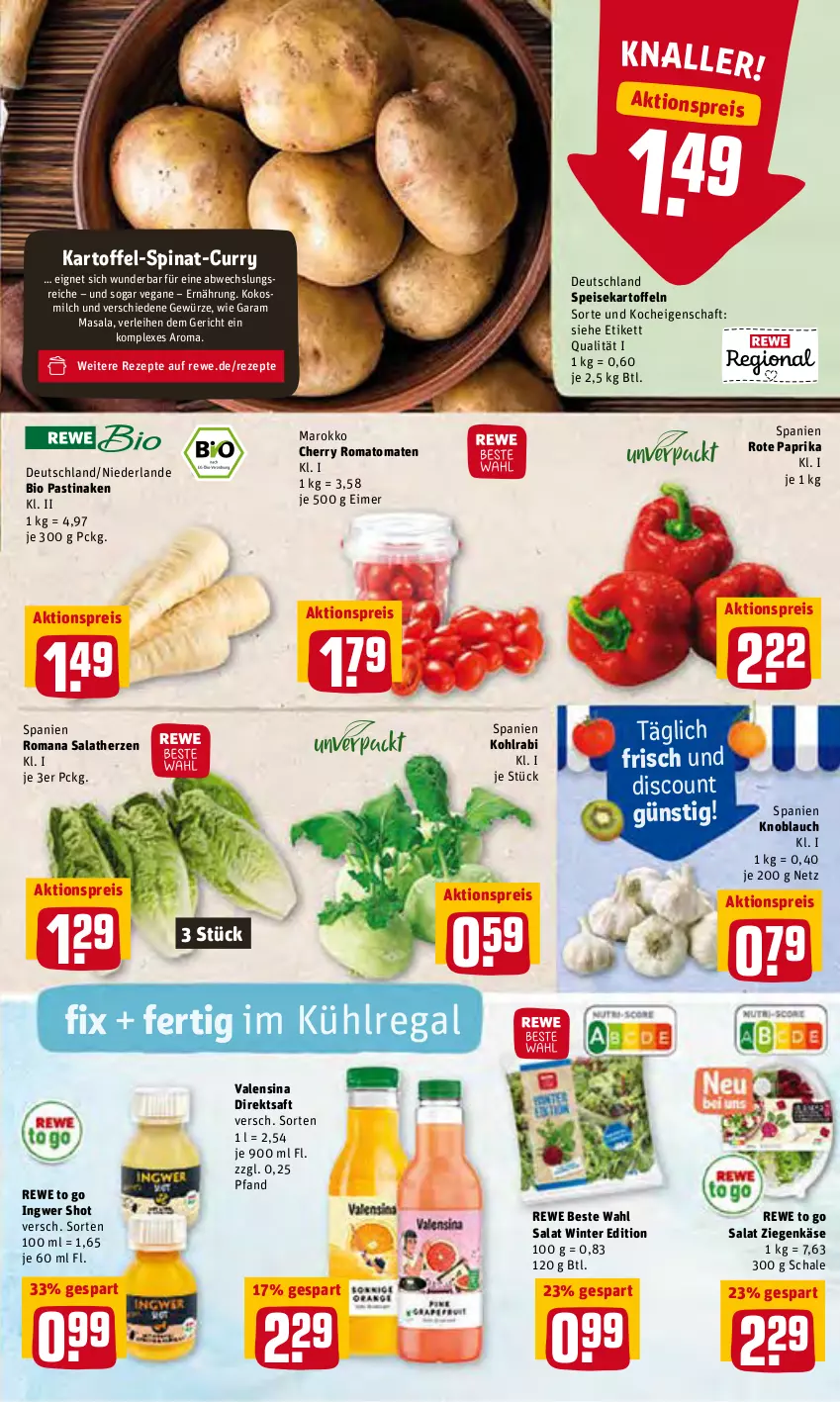 Aktueller Prospekt Rewe - Prospekte - von 07.02 bis 13.02.2022 - strona 3 - produkty: aktionspreis, asti, bio, curry, direktsaft, discount, eimer, eis, gewürz, ingwer, kartoffel, kartoffeln, Käse, knoblauch, kohlrabi, kokos, kokosmilch, kühlregal, milch, paprika, regal, reis, rewe beste wahl, rezept, rezepte, Romatomaten, saft, salat, salatherzen, Schal, Schale, speisekartoffeln, spinat, Ti, tomate, tomaten, valensina, ziegenkäse