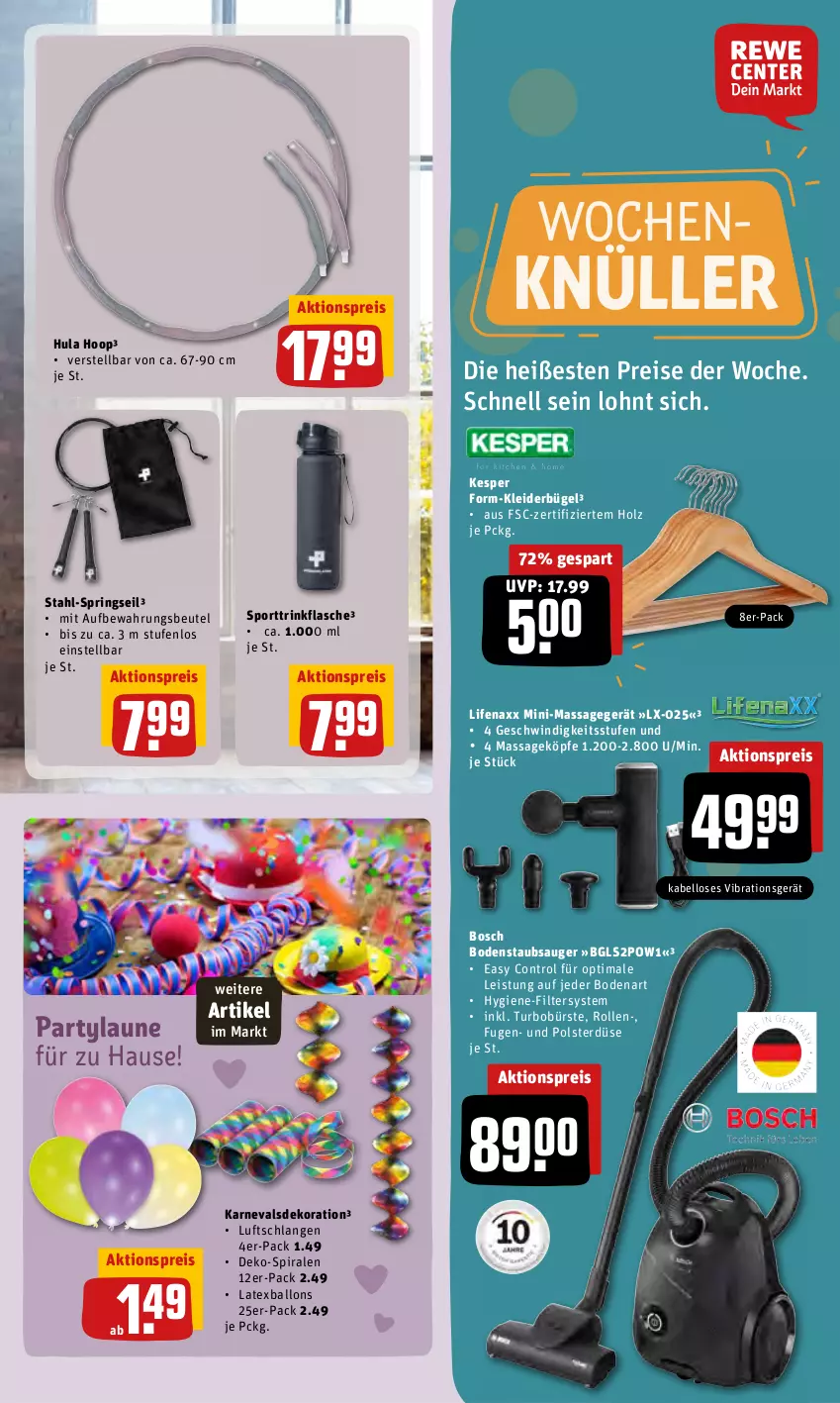 Aktueller Prospekt Rewe - Prospekte - von 07.02 bis 13.02.2022 - strona 31 - produkty: aktionspreis, ball, beutel, bodenstaubsauger, bosch, bügel, bürste, dekoration, eis, flasche, Holz, Hula Hoop, kesper, kleid, kleider, kleiderbügel, Luftschlangen, Massagegerät, reis, ring, Sport, staubsauger, Ti, trinkflasche