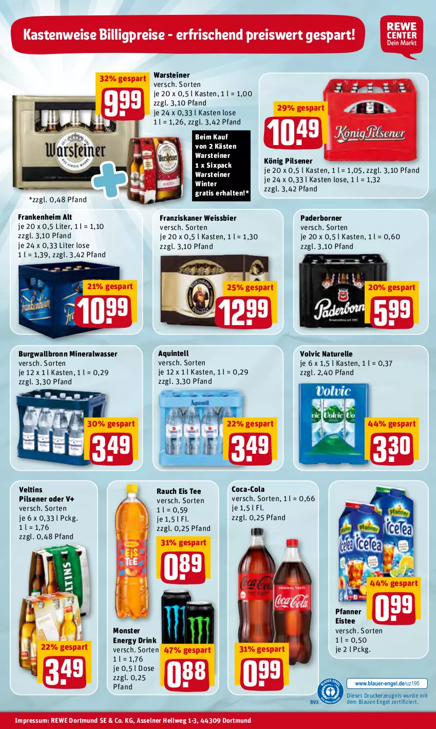 Aktueller Prospekt Rewe - Prospekte - von 07.02 bis 13.02.2022 - strona 32 - produkty: Alwa, bier, burgwallbronn, coca-cola, cola, drink, drucker, eis, eistee, elle, energy drink, Engel, franziskaner, Intel, kerze, könig pilsener, mineralwasser, monster, Monster Energy, natur, pfanne, Pfanner, pils, pilsener, Rauch, reis, rel, steiner, tee, Ti, veltins, veltins pilsener, volvic, warsteiner, wasser, weissbier