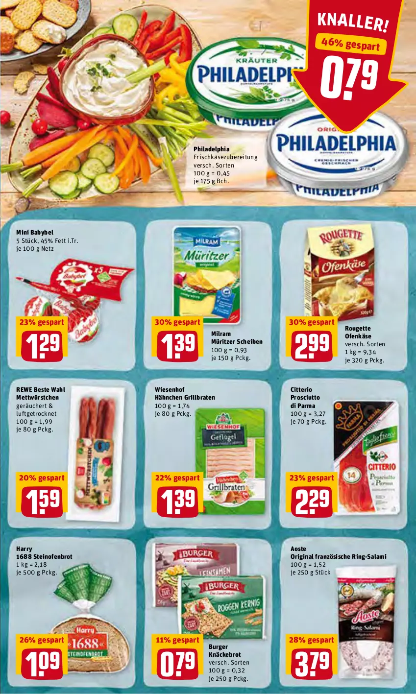 Aktueller Prospekt Rewe - Prospekte - von 07.02 bis 13.02.2022 - strona 9 - produkty: babybel, braten, brot, burger, frischkäse, frischkäsezubereitung, gin, grill, Käse, knäckebrot, Mett, milram, mini babybel, Ofen, Ofenkäse, philadelphia, prosciutto, Prosciutto di Parma, rewe beste wahl, ring, rouge, rougette, salami, steinofen, wiesenhof, würstchen