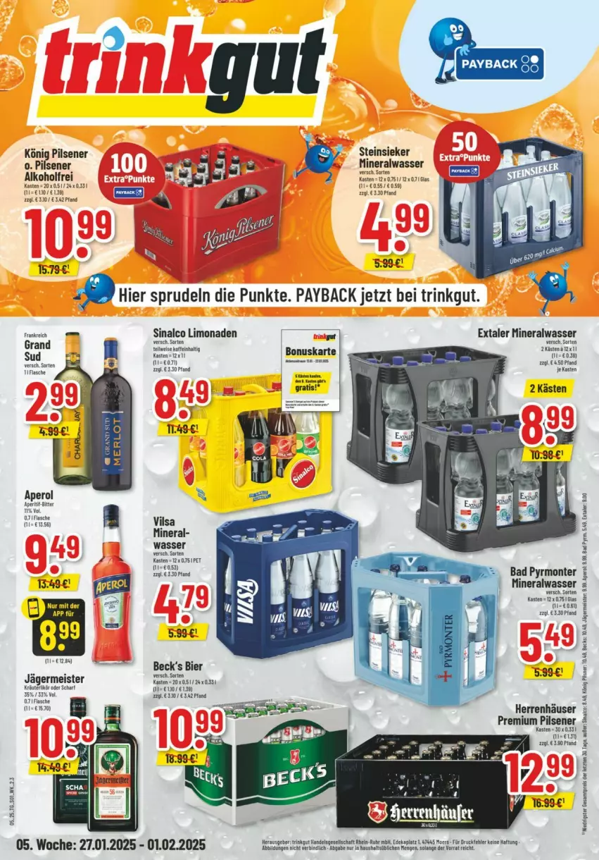 Aktueller Prospekt Trinkgut - Prospekte - von 26.01 bis 01.02.2025 - strona 1 - produkty: alkohol, Alwa, aperol, Bad, becks, bier, eis, Extaler, flasche, Germ, HP, jägermeister, könig pilsener, limo, limonade, limonaden, mac, Meister, mineralwasser, monte, payback, pils, pilsener, premium pils, reis, sinalco, Sprudel, Steinsieker, Ti, vilsa, wasser, ZTE