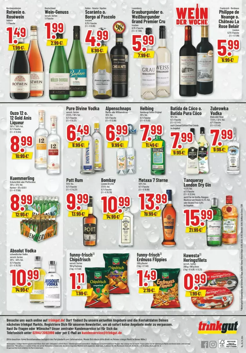 Aktueller Prospekt Trinkgut - Prospekte - von 26.01 bis 01.02.2025 - strona 4 - produkty: Absolut Vodka, angebot, angebote, batida, burgunder, chips, chipsfrisch, dry gin, eis, elle, erdnuss, filet, filets, fisch, fische, flasche, flippies, funny-frisch, gin, grauburgunder, hawesta, hering, Herings, heringsfilets, liqueur, merl, Metaxa, Müller, nuss, ouzo, ring, rotwein, rum, Tanqueray, telefon, Ti, vodka, wein, Weißburgunder, Yo