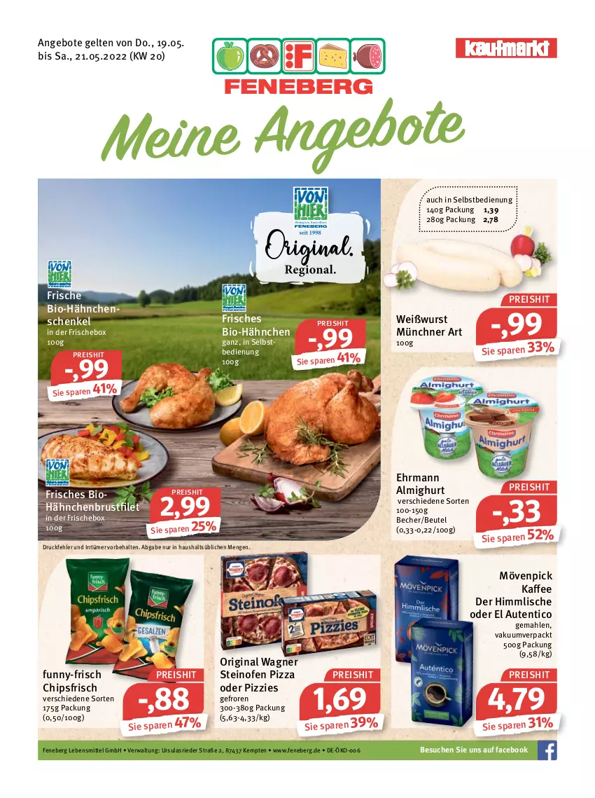 Aktueller Prospekt Feneberg - Prospekte - von 19.05 bis 21.05.2022 - strona 1 - produkty: almighur, almighurt, angebot, angebote, Becher, beutel, bio, brustfilet, chips, chipsfrisch, ehrmann, ehrmann almighurt, eis, filet, funny-frisch, gin, hähnchenbrust, hähnchenbrustfilet, hähnchenschenkel, henkel, kaffee, lebensmittel, mövenpick, mövenpick kaffee, Ofen, original wagner, pizza, reis, schenkel, steinofen, steinofen pizza, Ti, wagner, Weißwurst, wurst