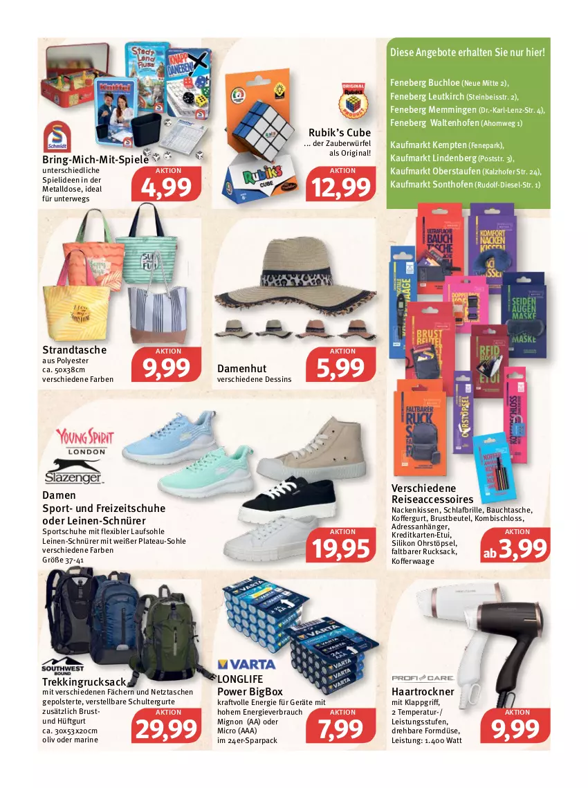 Aktueller Prospekt Feneberg - Prospekte - von 19.05 bis 21.05.2022 - strona 13 - produkty: ACC, accessoires, angebot, angebote, Anhänger, Bau, beutel, Brille, buch, chloe, Diesel, eis, emmi, Freizeitschuhe, gin, haartrockner, kissen, koffer, Kofferwaage, kraft, leine, longlife, nackenkissen, Ofen, Rauch, reis, ring, rucksack, rwe, sac, schuhe, schultergurt, Spiele, Sport, sportschuhe, strandtasche, Tasche, taschen, Ti, Trekkingrucksack, Trockner, Waage, würfel