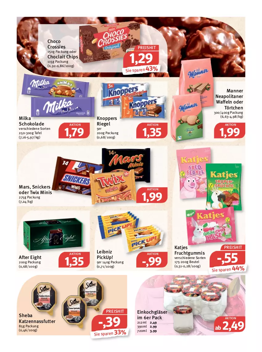 Aktueller Prospekt Feneberg - Prospekte - von 19.05 bis 21.05.2022 - strona 14 - produkty: after eight, beutel, chips, choclait chips, choco crossies, crossies, eis, frucht, fruchtgummi, fruchtgummis, Gläser, katjes, knoppers, leibniz, Manner, mars, milka, milka schokolade, nassfutter, oder twix, reis, riegel, schoko, schokolade, sheba, snickers, Ti, Törtchen, twix, waffeln