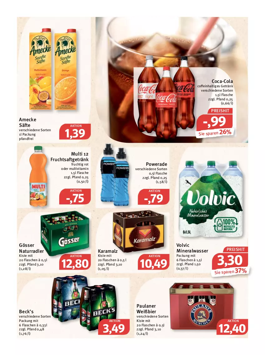 Aktueller Prospekt Feneberg - Prospekte - von 19.05 bis 21.05.2022 - strona 15 - produkty: Alwa, amecke, bier, coca-cola, coffein, cola, eis, flasche, frucht, fruchtsaft, fruchtsaftgetränk, getränk, gösser, karamalz, malz, mineralwasser, natur, Paula, paulaner, radler, rama, reis, saft, säfte, Ti, vita, volvic, wasser