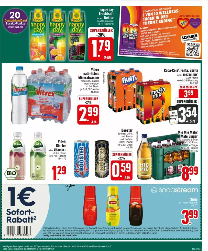 Aktueller Prospekt Edeka - Prospekte - von 09.09 bis 14.09.2024 - strona 11 - produkty: Alwa, bio, coca-cola, cola, drink, elle, energy drink, fanta, flasche, Mezzo Mix, mineralwasser, natur, natürliches mineralwasser, rel, Soda, sodastream, sprite, tee, Ti, vita, vitrex, volvic, wasser