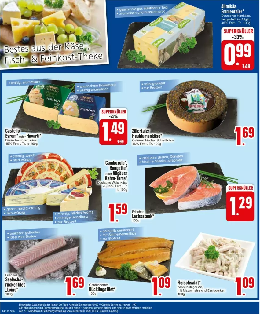 Aktueller Prospekt Edeka - Prospekte - von 09.09 bis 14.09.2024 - strona 16 - produkty: blume, blumen, braten, cambozola, eis, esrom, essig, filet, fleisch, fleischsalat, gurke, gurken, Heu, ideal zum braten, Käse, lachs, LG, mayonnaise, österreichischer schnittkäse, rouge, rougette, salat, sauce, schnittkäse, Ti, torte, weichkäse, Yo