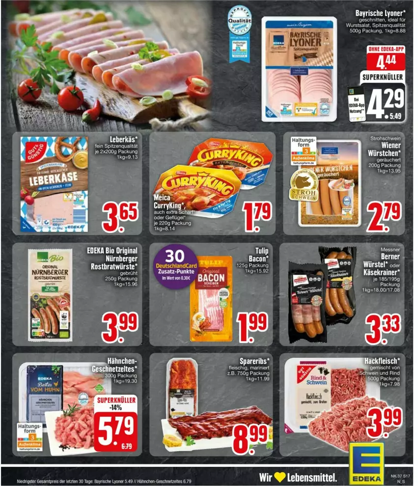 Aktueller Prospekt Edeka - Prospekte - von 09.09 bis 14.09.2024 - strona 17 - produkty: bacon, Bad, curry, deka, eier, eis, fleisch, Geflügel, Käse, Käsekrainer, lebensmittel, LG, lyoner, reis, rind, salat, schwein, schwein und rind, spareribs, spitzenqualität, wein, wurst, Yo, ZTE