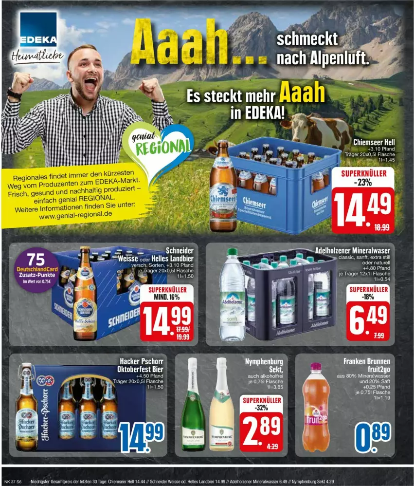 Aktueller Prospekt Edeka - Prospekte - von 09.09 bis 14.09.2024 - strona 6 - produkty: adelholzener, Alwa, bier, elle, flasche, hacker pschorr, Holz, sekt, Ti