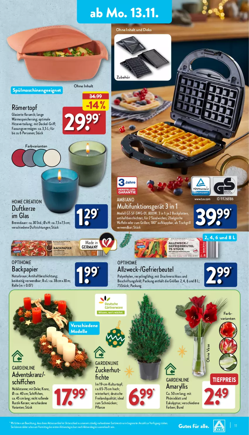 Aktueller Prospekt Aldi Nord - Von Montag - von 13.11 bis 18.11.2023 - strona 11 - produkty: Adventskranz, ambia, auer, beutel, Blüte, braun, Brei, Clin, decke, Deckel, dell, Duftkerze, eis, elle, gefrierbeutel, Germ, gin, grill, kerze, Kranz, kulturtopf, latte, LG, Mode, natur, papier, pflanze, reis, Ria, rwe, sandwich, Schiffchen, spülmaschinen, Ti, tiefpreis, tisch, tischgrill, topf, Vase, waffeln, weck, ZTE, zucker