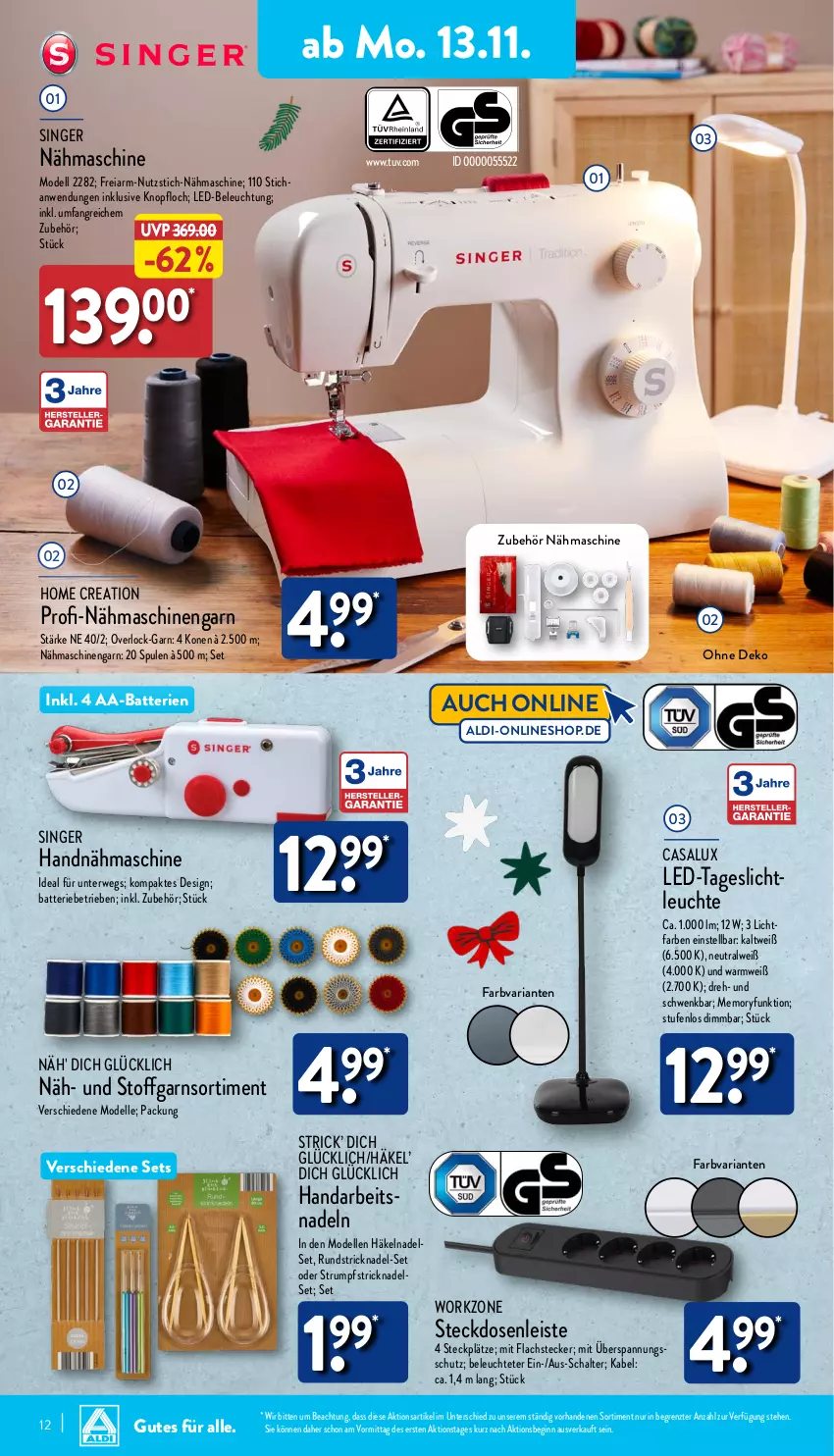 Aktueller Prospekt Aldi Nord - Von Montag - von 13.11 bis 18.11.2023 - strona 12 - produkty: AA-Batterien, aldi, batterie, batterien, beleuchtung, dell, eis, elle, gin, lachs, led-beleuchtung, Leuchte, Mode, Nähmaschine, Ria, rum, rwe, Schal, steckdose, Steckdosenleiste, Ti, ZTE