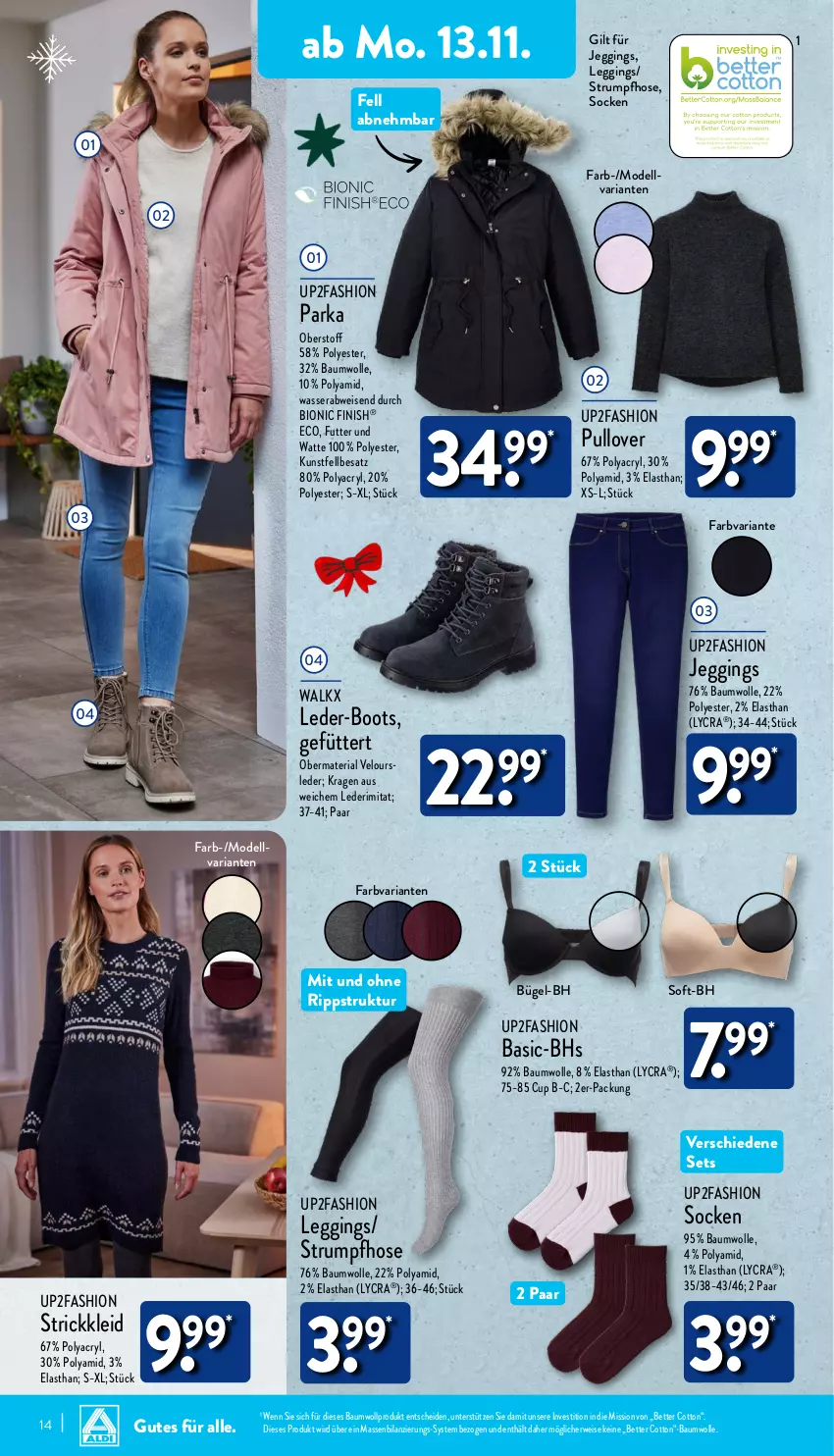 Aktueller Prospekt Aldi Nord - Von Montag - von 13.11 bis 18.11.2023 - strona 14 - produkty: Bau, baumwolle, bett, bio, bügel, dell, eis, Finish, gin, hose, kleid, leggings, Mode, Parka, Pullover, Ria, rum, rwe, socken, Strickkleid, Strumpfhose, Ti, up2fashion, walkx, wasser, wolle