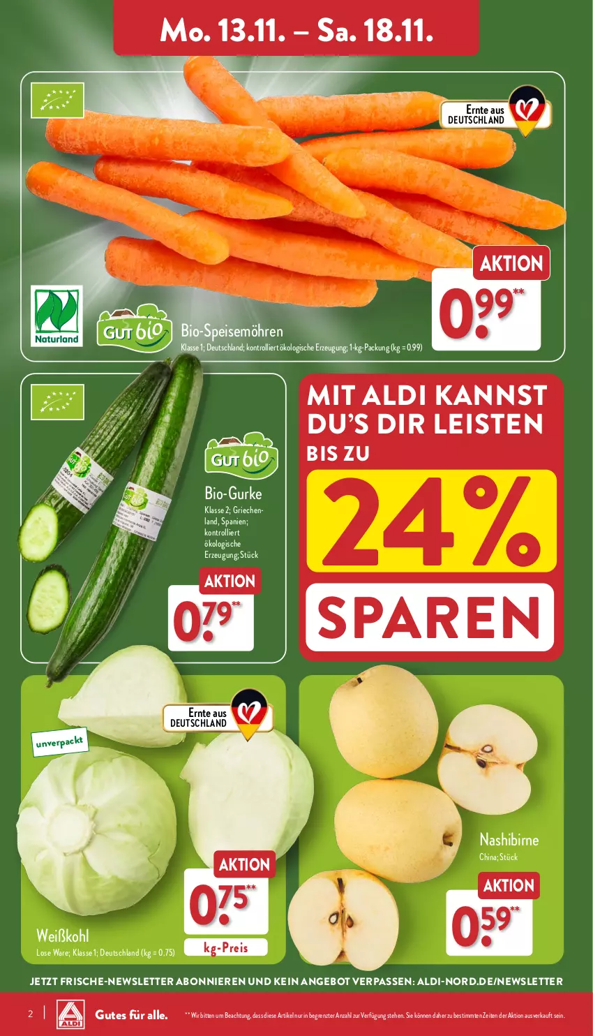 Aktueller Prospekt Aldi Nord - Von Montag - von 13.11 bis 18.11.2023 - strona 2 - produkty: aldi, angebot, bio, eis, gurke, möhren, Nashi, reis, speisemöhren, Ti, trolli, Weißkohl, ZTE