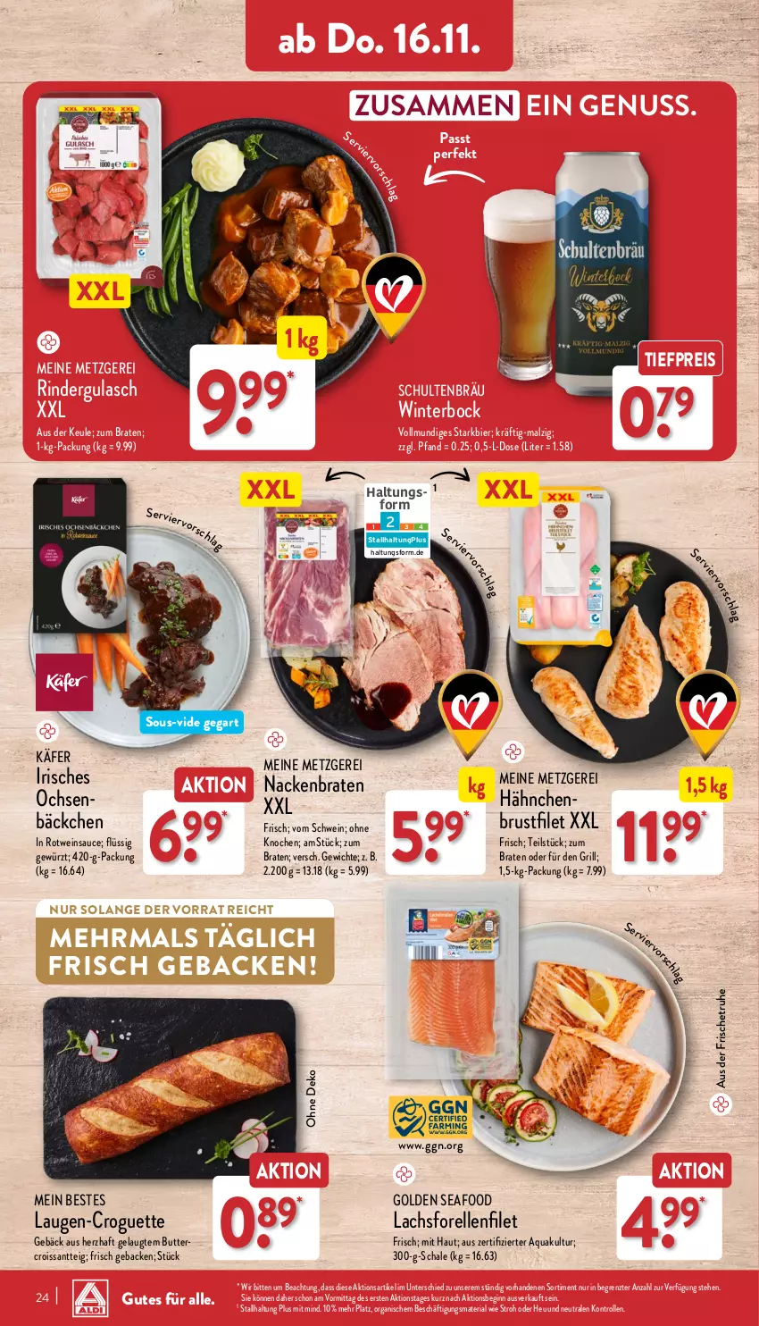 Aktueller Prospekt Aldi Nord - Von Montag - von 13.11 bis 18.11.2023 - strona 24 - produkty: aqua, bier, braten, brustfilet, butter, Croissant, eis, elle, filet, forelle, geback, gewürz, gin, grill, gulasch, hähnchenbrust, hähnchenbrustfilet, Heu, käfer, lachs, malz, nuss, reis, rel, Ria, rind, rinder, rindergulasch, rotwein, sauce, Schal, Schale, schwein, Ti, tiefpreis, wein, ZTE