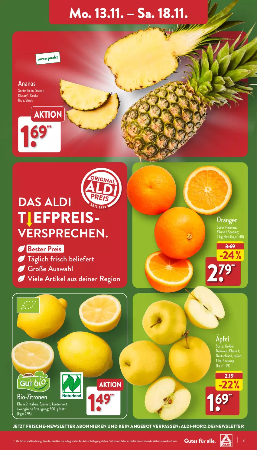 Aktueller Prospekt Aldi Nord - Von Montag - von 13.11 bis 18.11.2023 - strona 3 - produkty: aldi, ananas, angebot, bio, bio-zitronen, eis, navelina, orange, orangen, reis, Ti, trolli, zitrone, zitronen, ZTE