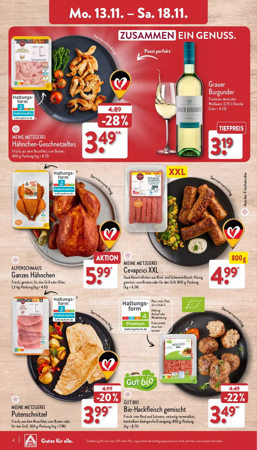 Aktueller Prospekt Aldi Nord - Von Montag - von 13.11 bis 18.11.2023 - strona 4 - produkty: auer, bio, Bio-Hackfleisch, braten, brustfilet, burgunder, cevapcici, eis, filet, flasche, fleisch, geschnetzeltes, gewürz, grauer burgunder, grill, hackfleisch, hackfleisch gemischt, Heu, Maus, nuss, Ofen, pute, putenschnitzel, reis, Ria, rind, rwe, schnitzel, schwein, schweine, schweinefleisch, Ti, tiefpreis, trolli, wein, weine, Weißwein, Zelt