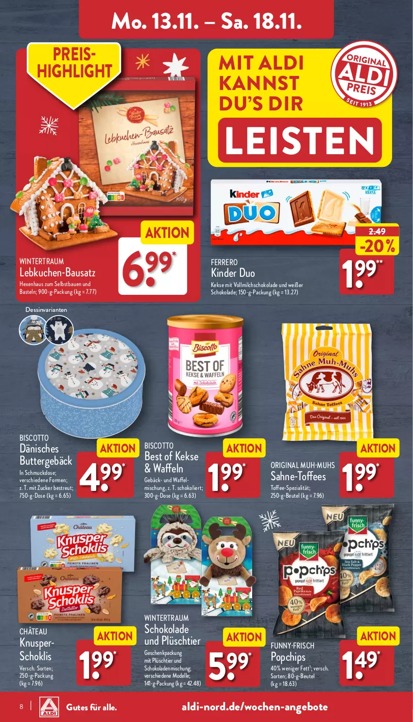 Aktueller Prospekt Aldi Nord - Von Montag - von 13.11 bis 18.11.2023 - strona 8 - produkty: aldi, angebot, angebote, Bau, beutel, biscotto, butter, chips, dell, eis, elle, ferrero, funny-frisch, geschenkpackung, gin, keks, kekse, Kinder, kuchen, Lebkuchen, milch, Mode, Plüsch, reis, Ria, sahne, Schmuck, schoko, schokolade, schokoladen, Spezi, Ti, vollmilch, waffeln, zucker