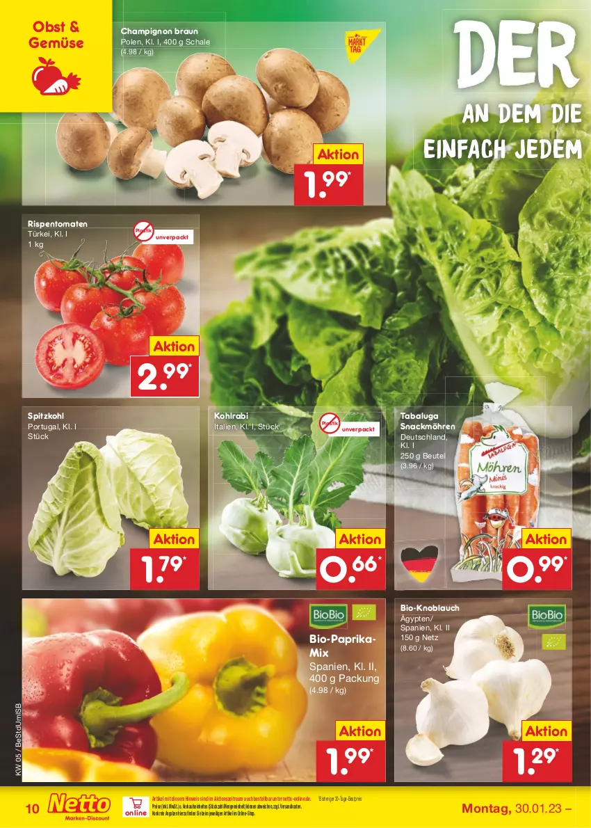 Aktueller Prospekt Netto Marken-Discount - Filial-Angebote - von 30.01 bis 04.02.2023 - strona 10 - produkty: asti, bestpreis, beutel, bio, Bio-Paprika, braun, champignon, eis, knoblauch, kohlrabi, möhren, ndk, obst, paprika, reis, rispentomaten, Schal, Schale, snack, spitzkohl, Ti, tomate, tomaten