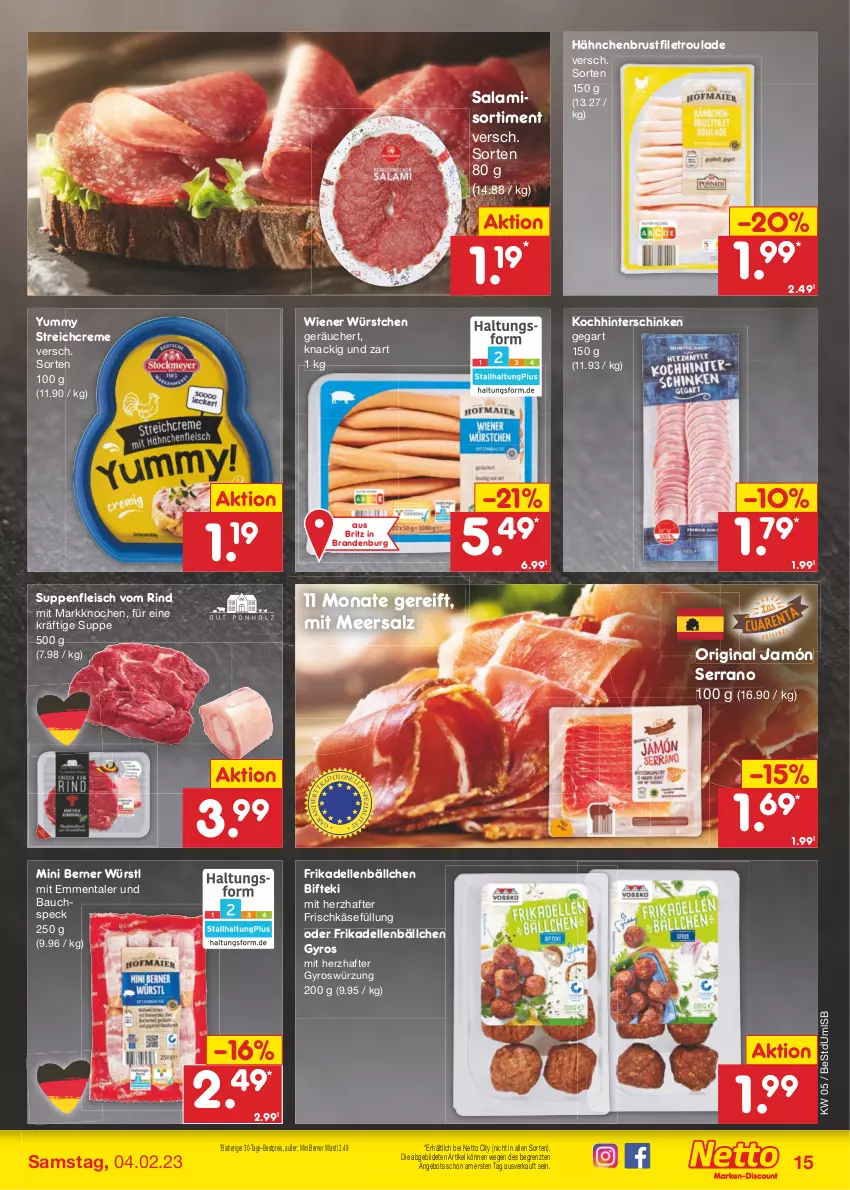 Aktueller Prospekt Netto Marken-Discount - Filial-Angebote - von 30.01 bis 04.02.2023 - strona 15 - produkty: angebot, Bau, bestpreis, Bifteki, brustfilet, creme, dell, eis, elle, emmentaler, filet, fleisch, frikadellen, frischkäse, gin, gyros, hähnchenbrust, hähnchenbrustfilet, hinterschinken, jamón serrano, Käse, meersalz, reis, rind, salami, salz, schinken, serrano, Speck, suppe, suppen, suppenfleisch, Ti, wiener, wiener würstchen, würstchen, ZTE