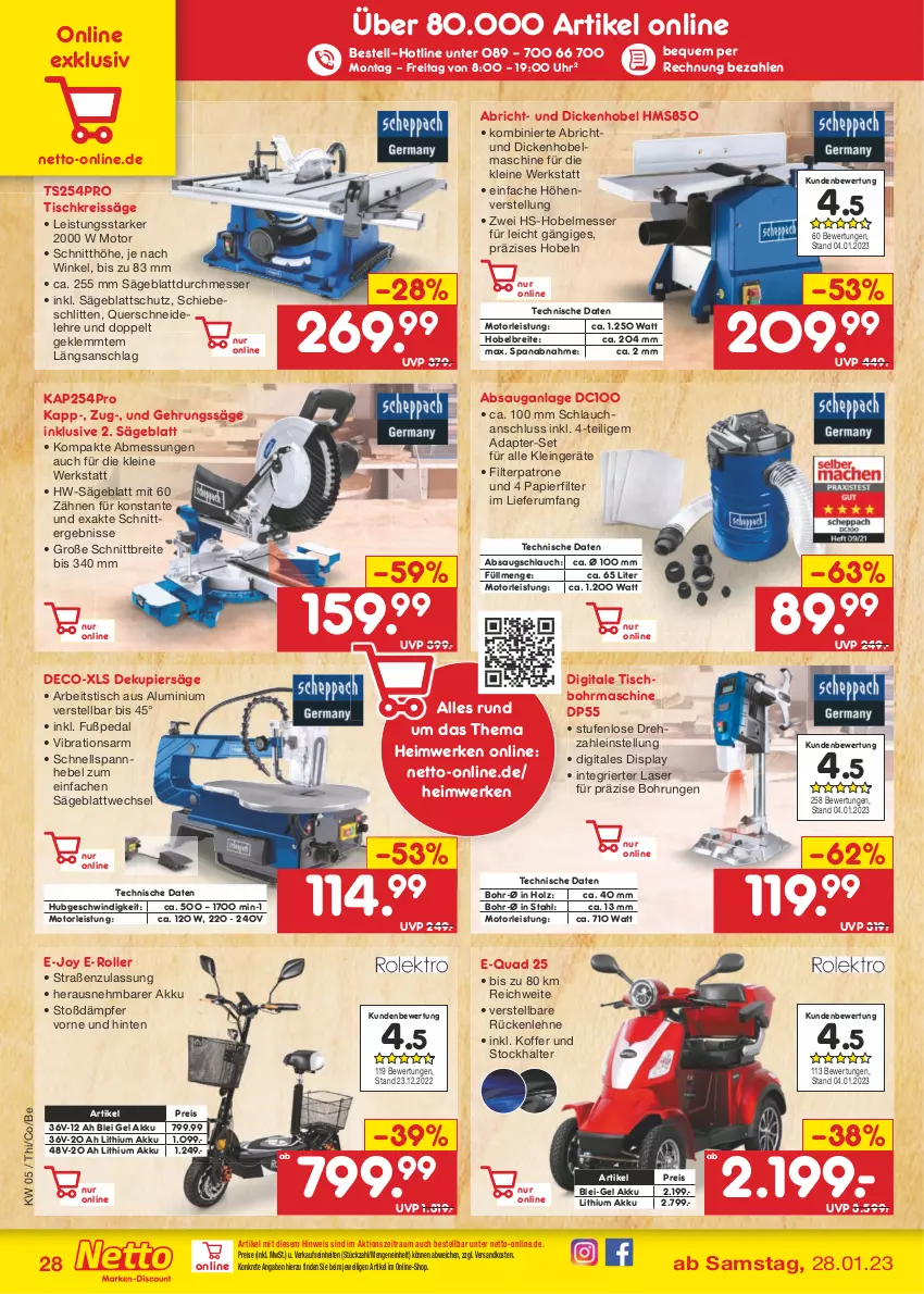 Aktueller Prospekt Netto Marken-Discount - Filial-Angebote - von 30.01 bis 04.02.2023 - strona 28 - produkty: adapter, akku, Brei, E-Roller, eis, Gehrungssäge, Holz, koffer, leine, messer, ndk, papier, quad, reis, reiss, Roller, rückenlehne, rum, säge, schlauch, Schlitten, Ti, tisch, Tischbohrmaschine, Tischkreissäge, uhr