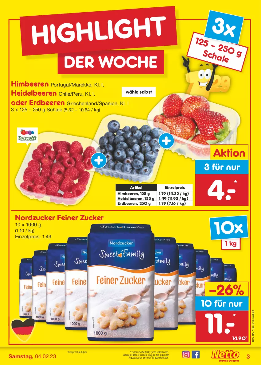 Aktueller Prospekt Netto Marken-Discount - Filial-Angebote - von 30.01 bis 04.02.2023 - strona 3 - produkty: angebot, beere, beeren, bestpreis, eis, erdbeere, erdbeeren, heidelbeere, heidelbeeren, himbeer, himbeere, himbeeren, nordzucker, reis, Schal, Schale, Ti, ZTE, zucker