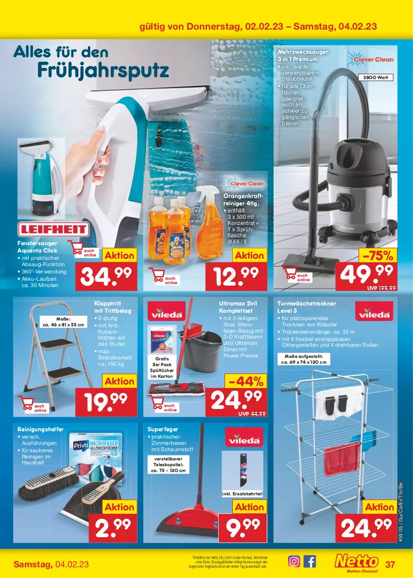 Aktueller Prospekt Netto Marken-Discount - Filial-Angebote - von 30.01 bis 04.02.2023 - strona 37 - produkty: akku, angebot, aqua, beutel, eimer, elle, fenster, fenstersauger, flasche, klapptritt, kraft, leine, LG, mikrofaser, orange, orangen, rama, reiniger, Reinigung, rwe, sprühflasche, staubbeutel, Teleskop, teleskopstiel, Ti, tisch, Trockner, tücher, wäschetrockner, weck, ZTE