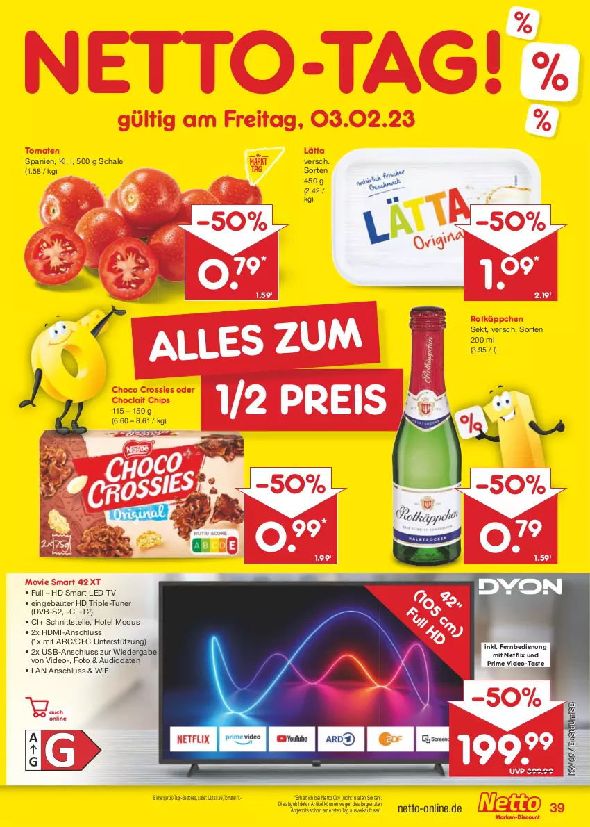 Aktueller Prospekt Netto Marken-Discount - Filial-Angebote - von 30.01 bis 04.02.2023 - strona 39 - produkty: angebot, Bau, bestpreis, chips, choclait chips, choco crossies, crossies, deo, dvb, dvb-s2, eis, elle, fernbedienung, HDMI, lätta, led tv, netflix, reis, rotkäppchen, Schal, Schale, sekt, Ti, tomate, tomaten, tuner, usb, ZTE