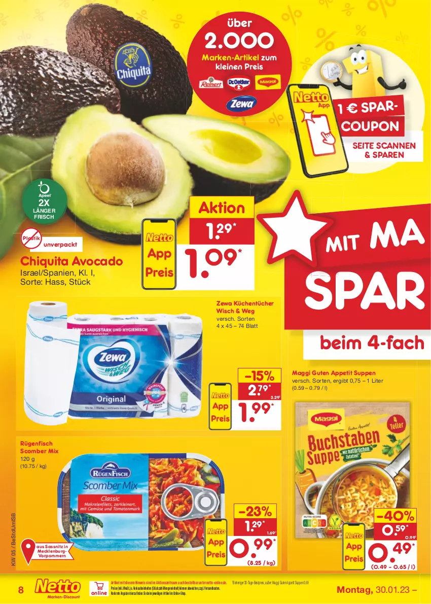 Aktueller Prospekt Netto Marken-Discount - Filial-Angebote - von 30.01 bis 04.02.2023 - strona 8 - produkty: asti, avocado, bestpreis, chiquita, coupon, eis, fisch, küche, Küchen, küchentücher, leine, maggi, ndk, reis, rügenfisch, suppe, suppen, Ti, tücher, zewa