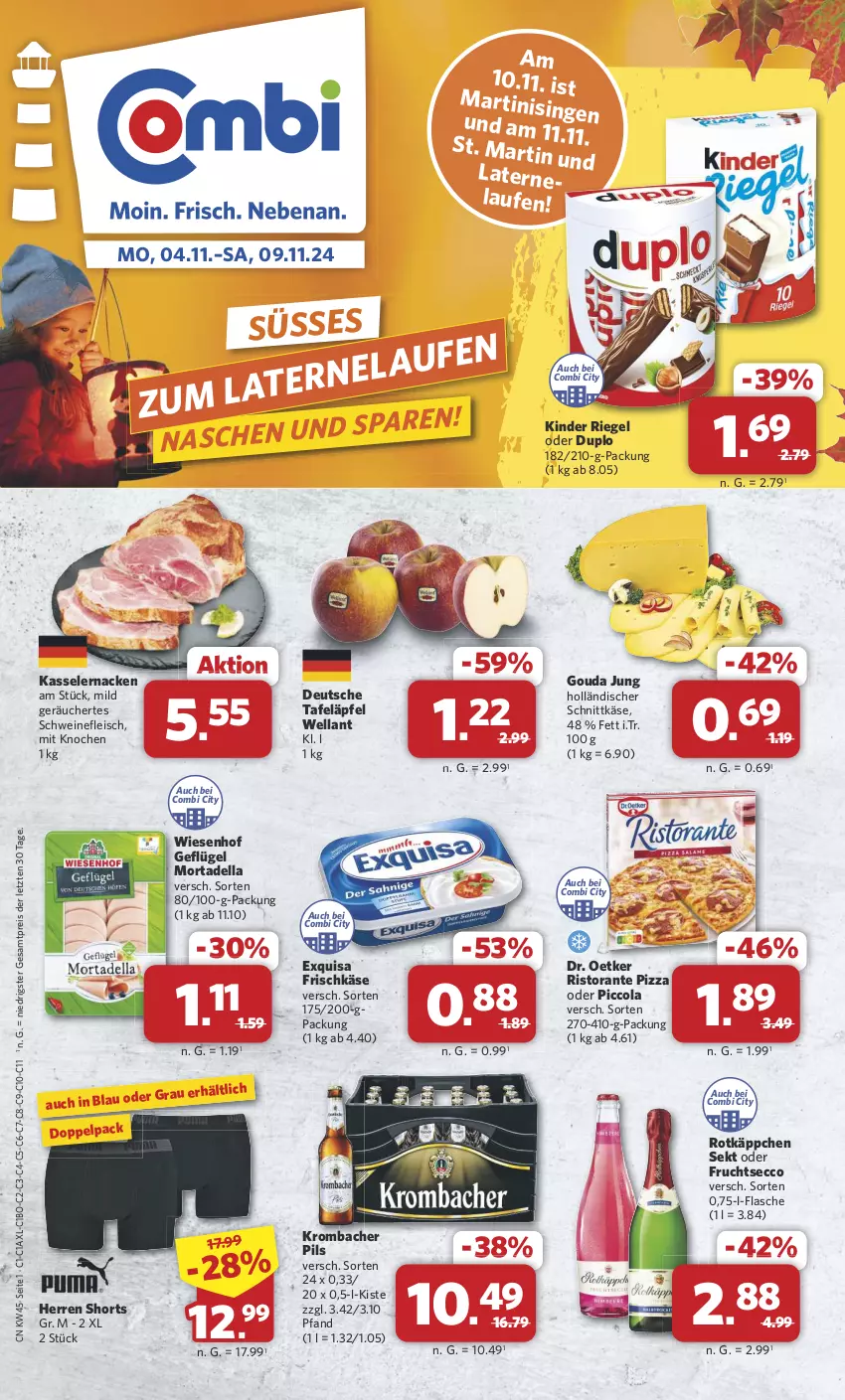 Aktueller Prospekt Combi - Prospekte - von 04.11 bis 09.11.2024 - strona 1 - produkty: cola, dell, Dr. Oetker, duplo, ecco, eis, exquisa, exquisa frischkäse, flasche, fleisch, frischkäse, frucht, fruchtsecco, Geflügel, gouda, gouda jung, holländischer schnittkäse, Käse, kasseler, Kinder, kinder riegel, krombache, krombacher, krombacher pils, laterne, Laufen, martini, mortadella, pils, pizza, reis, riegel, ristorante, ristorante pizza, rotkäppchen, schnittkäse, schwein, schweine, schweinefleisch, sekt, shorts, tafeläpfel, Ti, wein, weine, Wella, wiesenhof, ZTE