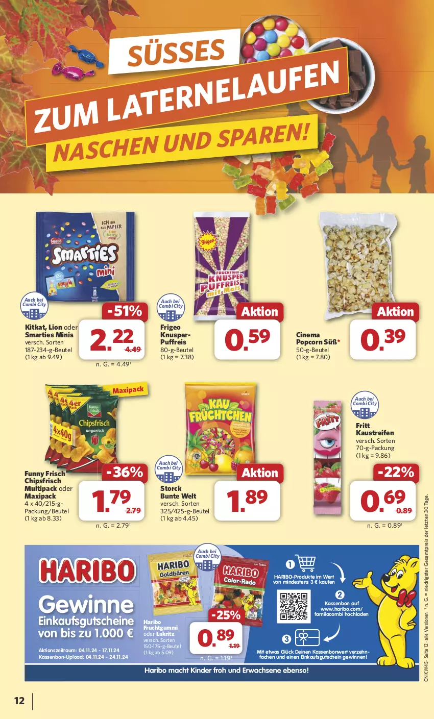 Aktueller Prospekt Combi - Prospekte - von 04.11 bis 09.11.2024 - strona 12 - produkty: aust, beutel, chips, chipsfrisch, cin, eis, frucht, fruchtgummi, Funny Frisch, gutschein, gutscheine, haribo, Kaustreifen, kitkat, Lakritz, lion, oder lakritz, popcorn, reifen, reis, smarties, storck, Ti, ZTE