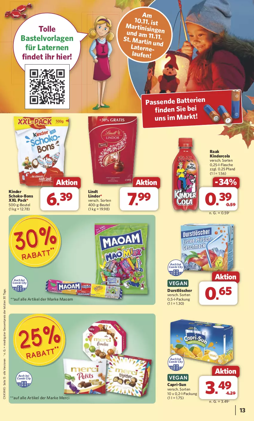 Aktueller Prospekt Combi - Prospekte - von 04.11 bis 09.11.2024 - strona 13 - produkty: batterie, batterien, beutel, Cap, capri-sun, cola, durstlöscher, eis, flasche, Kinder, laterne, Laufen, lindor, lindt, maoam, martini, merci, reis, schoko, schoko-bons, Ti, ZTE