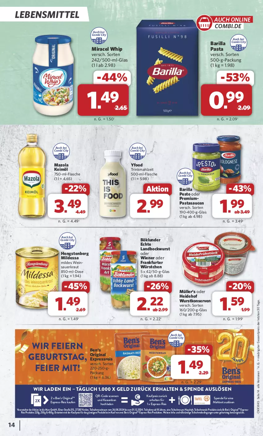 Aktueller Prospekt Combi - Prospekte - von 04.11 bis 09.11.2024 - strona 14 - produkty: auer, barilla, Ben’s Original, bockwurst, böklunder, eier, eis, erde, express-reis, flasche, frankfurter, gin, hengstenberg, keimöl, Konserven, Kraut, lebensmittel, mars, mazola, miracel, miracel whip, Müller, pasta, pesto, reis, sauce, saucen, Sauerkraut, Ti, wein, Weinsauerkraut, wiener, wurst, würstchen, wurstkonserven, ZTE