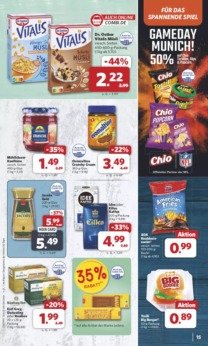 Aktueller Prospekt Combi - Prospekte - von 04.11 bis 09.11.2024 - strona 15 - produkty: beutel, burger, dip, Dr. Oetker, eis, jacobs, Jacobs Gold, kaffee, KnabberSnack, konfitüre, leibniz, mühlhäuser, müsli, ovomaltine, popcorn, reis, snack, snacks, Ti, tortilla, tortillas, trolli, vita, vitalis, vitalis müsli, ZTE