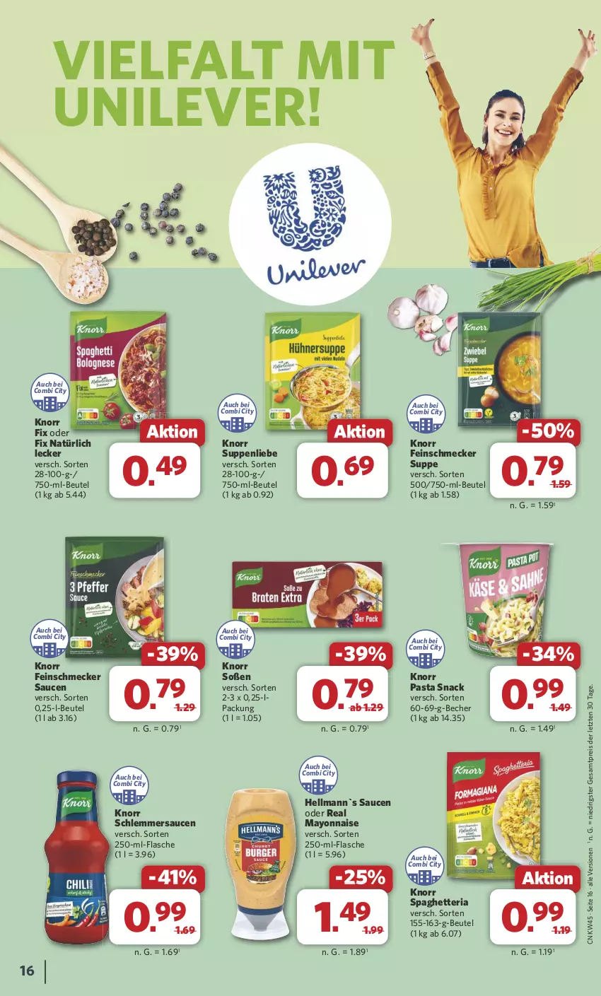 Aktueller Prospekt Combi - Prospekte - von 04.11 bis 09.11.2024 - strona 16 - produkty: Becher, beutel, eis, feinschmecker, flasche, knorr, knorr fix, knorr pasta, mayonnaise, pasta, pasta snack, reis, Ria, sauce, saucen, schlemmersauce, schlemmersaucen, snack, Soße, suppe, suppen, suppenliebe, Ti, Yo, ZTE