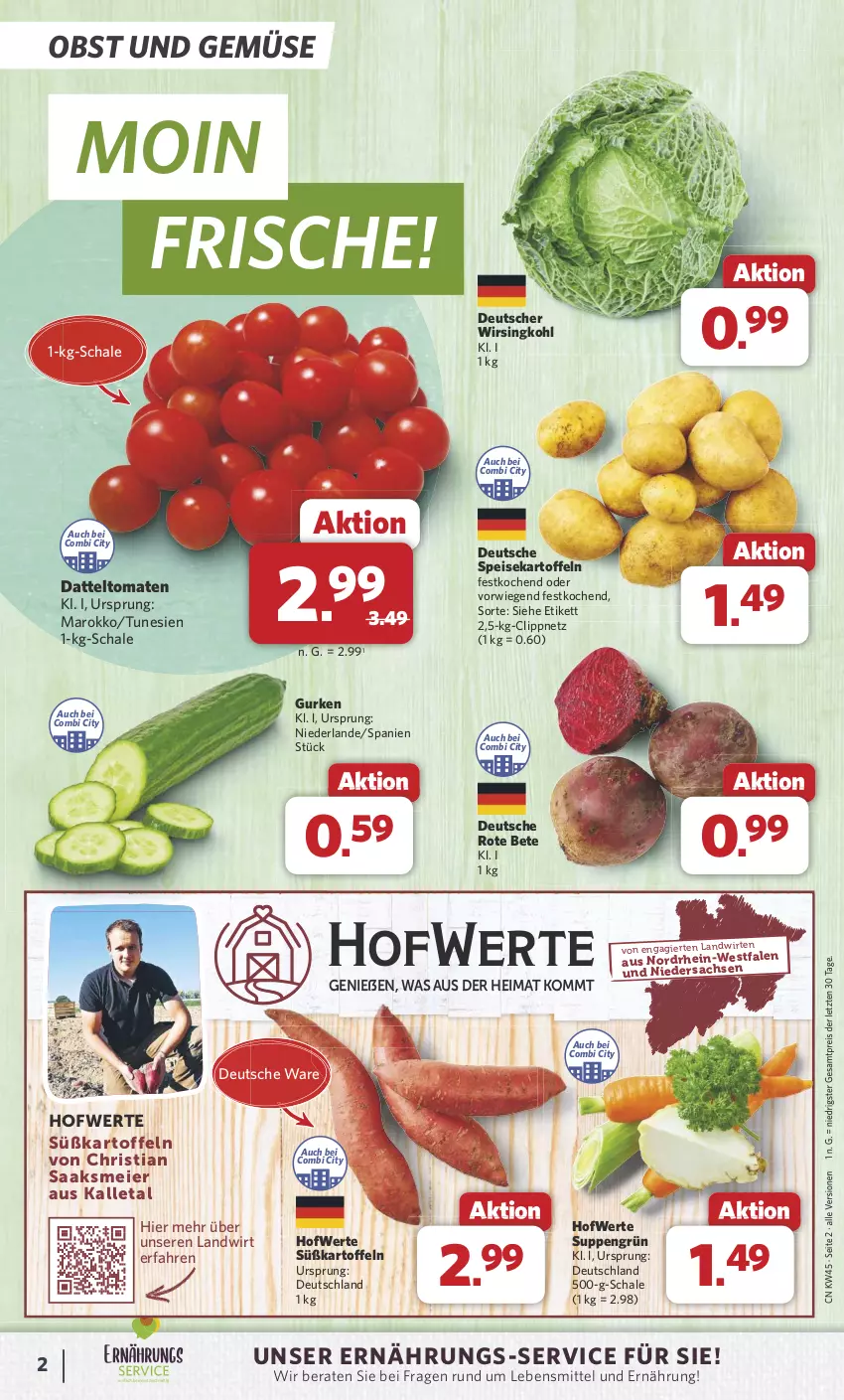 Aktueller Prospekt Combi - Prospekte - von 04.11 bis 09.11.2024 - strona 2 - produkty: datteltomaten, eier, eis, gurke, gurken, kartoffel, kartoffeln, lebensmittel, obst, Obst und Gemüse, reis, rote bete, sac, Schal, Schale, speisekartoffeln, suppe, suppen, Süßkartoffeln, Ti, tomate, tomaten, und gemüse, Wirsing, Wirsingkohl, ZTE